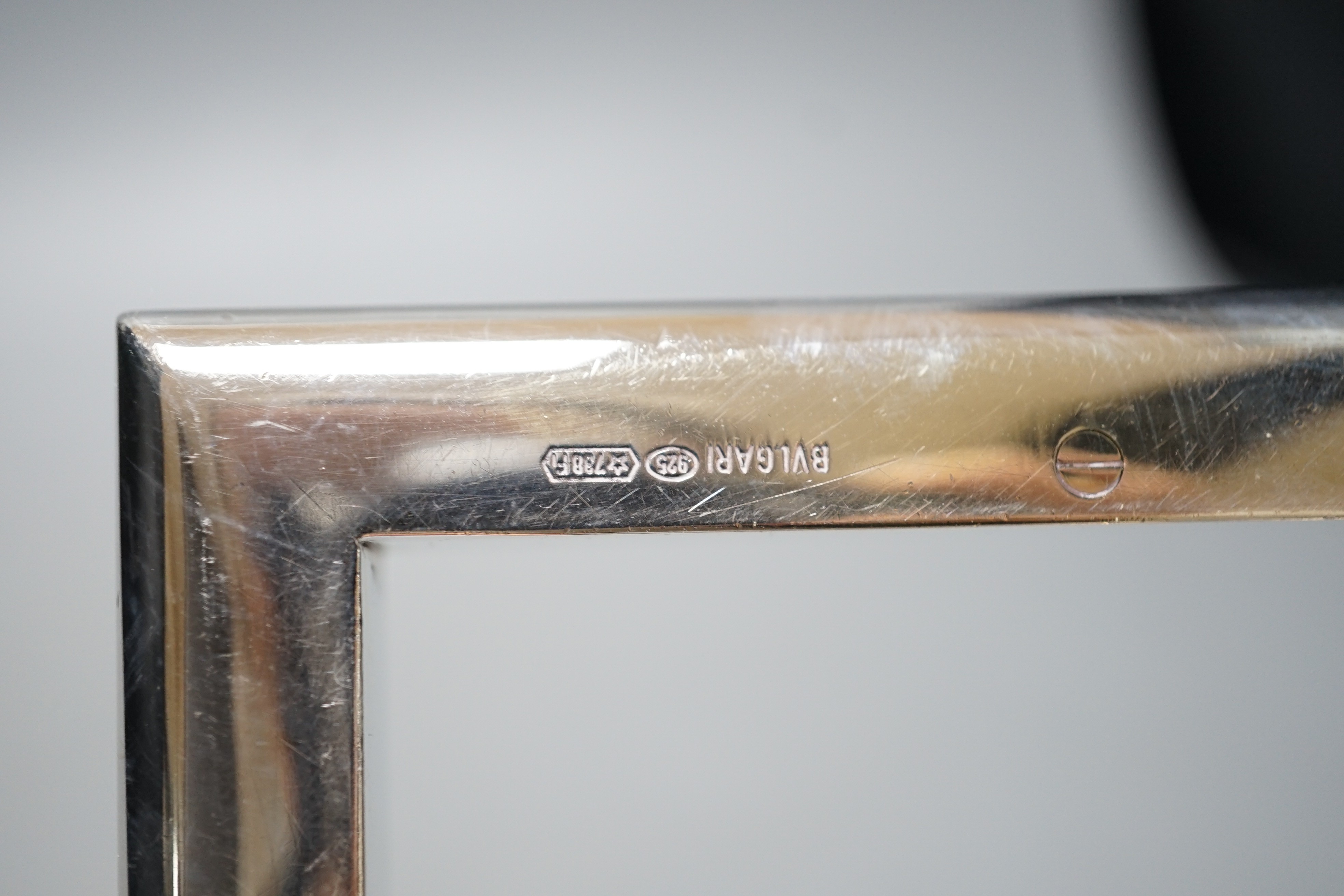 A modern Italian Bulgari 925 square stand, 11.8cm, 9oz, lacking glass insert?.